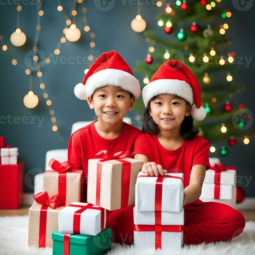 gelukkig kind met een Kerstmis geschenk dozen met een versierd Kerstmis boom in een kamer - gegenereerd beeld foto