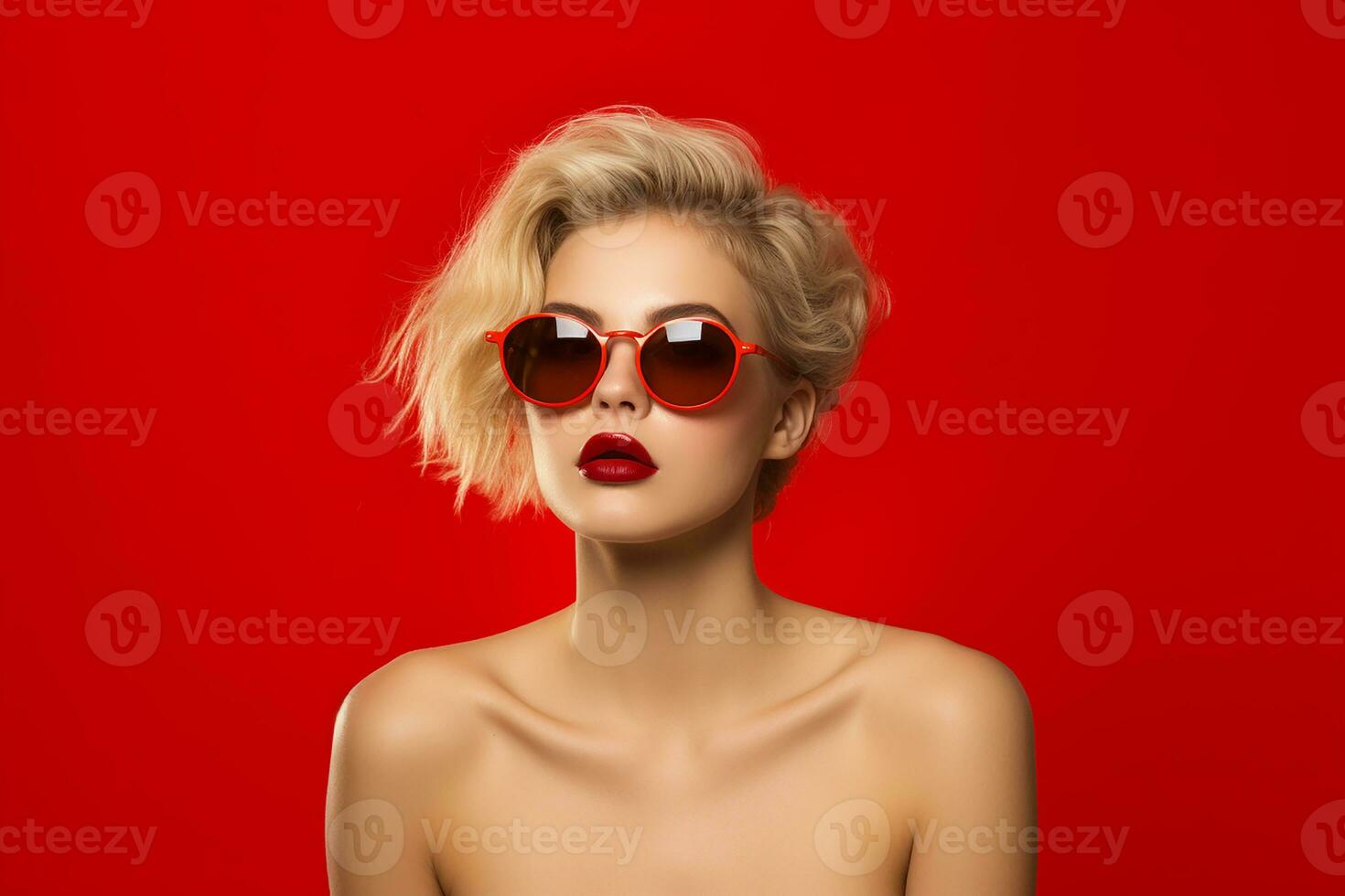ai gegenereerd studio portret van mooi jong blond vrouw in zonnebril Aan verschillend kleur achtergrond foto