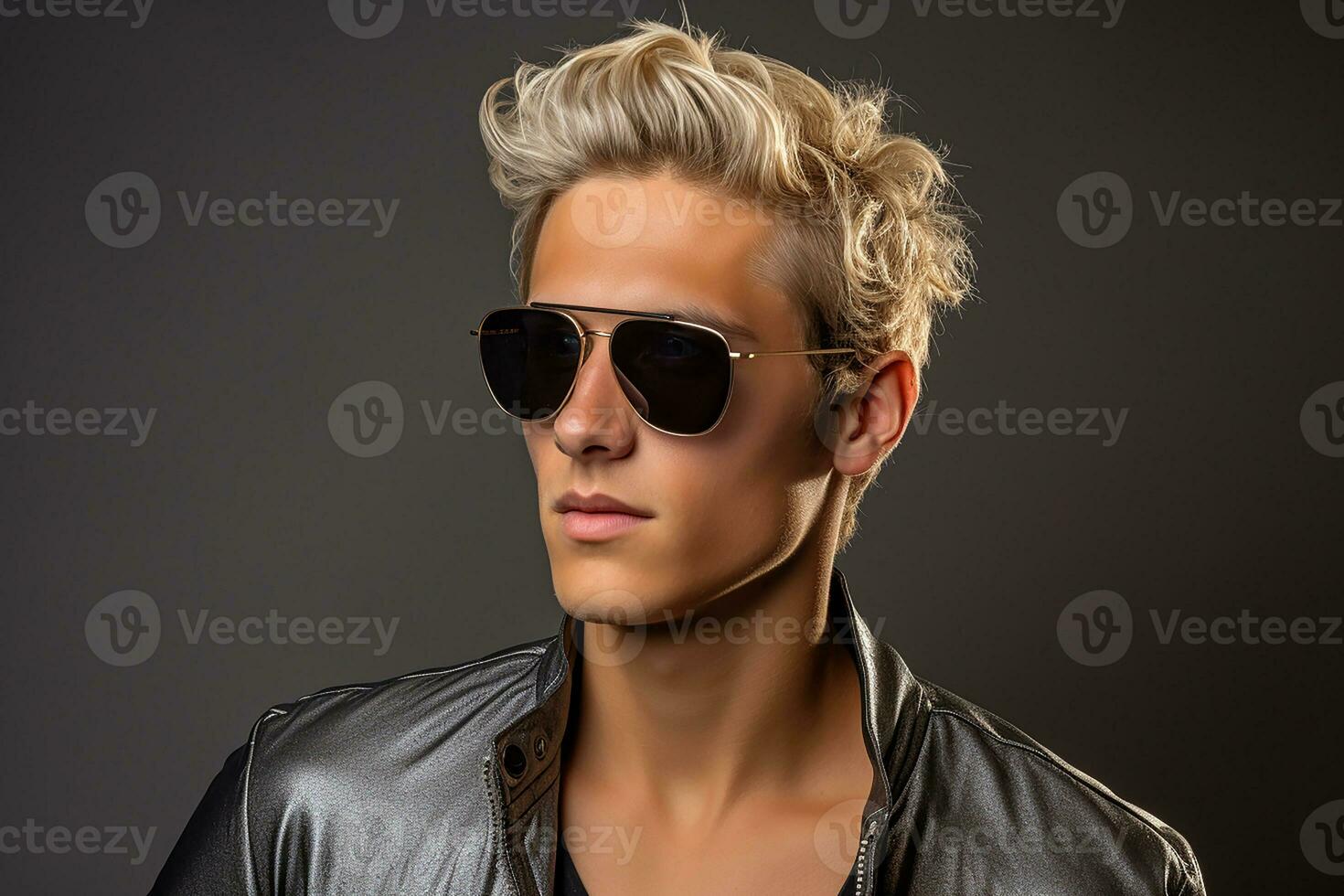 ai gegenereerd studio portret van knap blond Mens in zonnebril Aan verschillend kleuren achtergrond foto