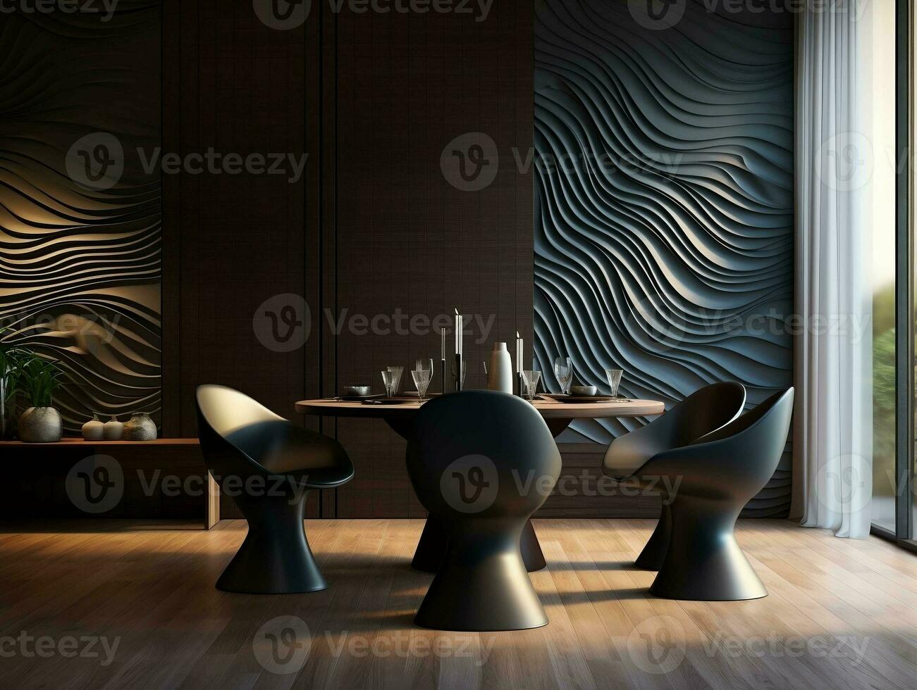 abstract zwart muur panelen modern luxe dining kamer met dining tafel en stoelen ai generatief foto