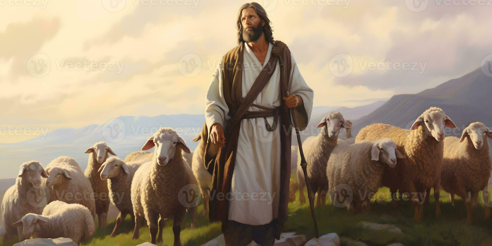 Jezus Christus, de mooi zo herder en schapen Bij groen heuvel. ai generatief foto