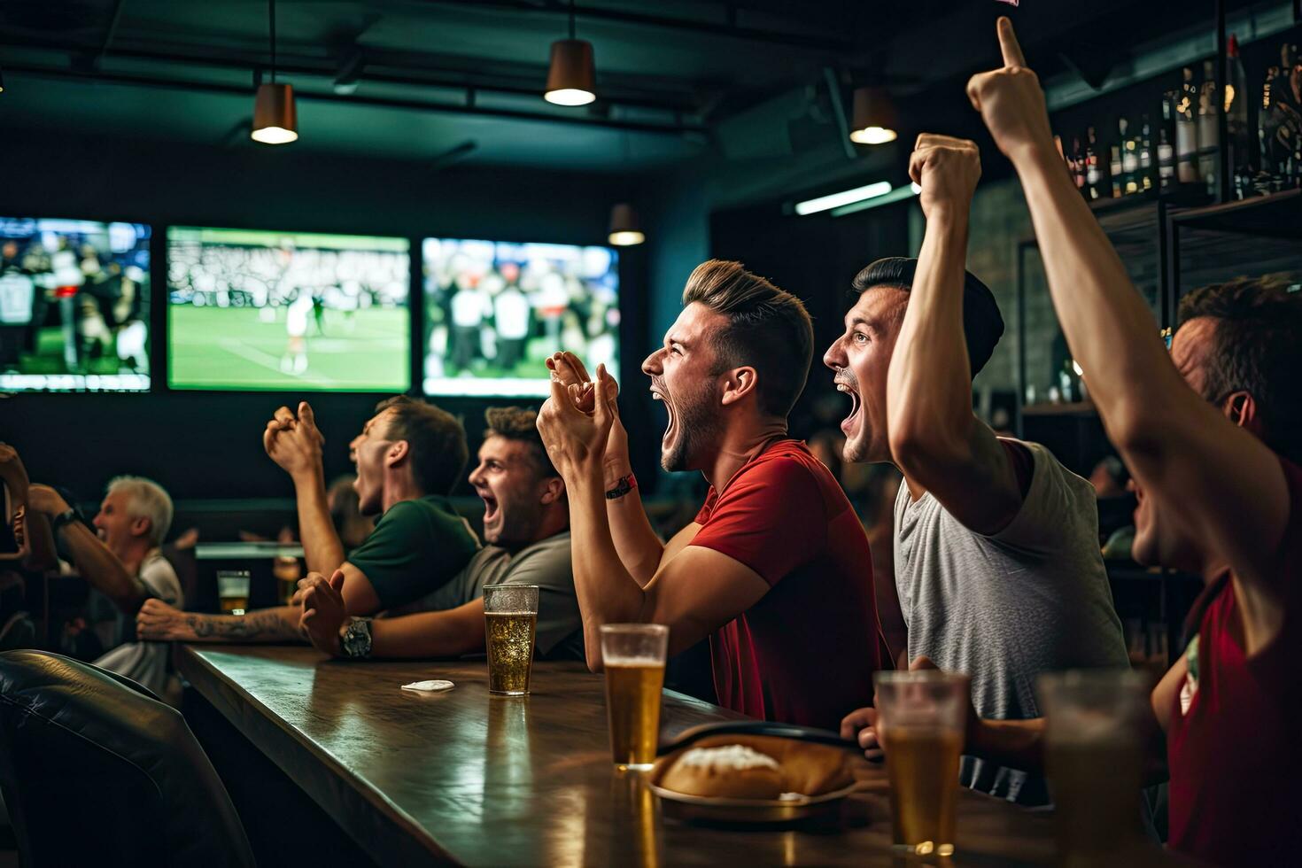 groep van vrienden aan het kijken een Amerikaans voetbal bij elkaar passen in een kroeg, drinken bier en juichen, achterzijde visie vrienden aan het kijken spel in sport- bar Aan schermen vieren, ai gegenereerd foto