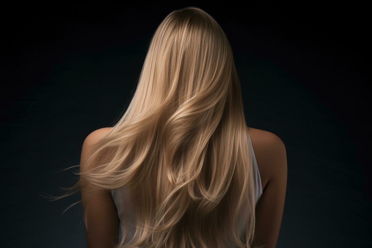 blond vrouw met lang haar- Aan donker achtergrond. terug visie, achterzijde visie van een mooi vrouw met lang Rechtdoor haar. blond meisje, ai gegenereerd foto