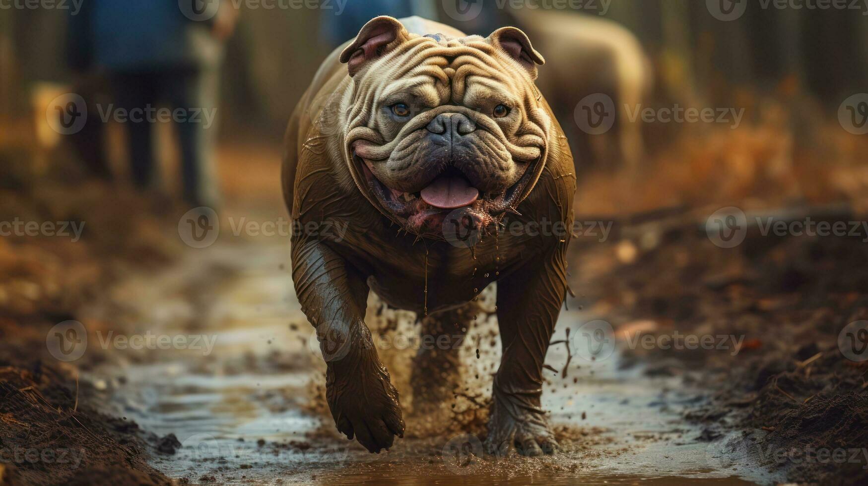 een bulldog gedekt in aarde, moedig wandelen Aan een pad gevulde met modder. modderig avontuur van een dapper buldog. generatief ai foto