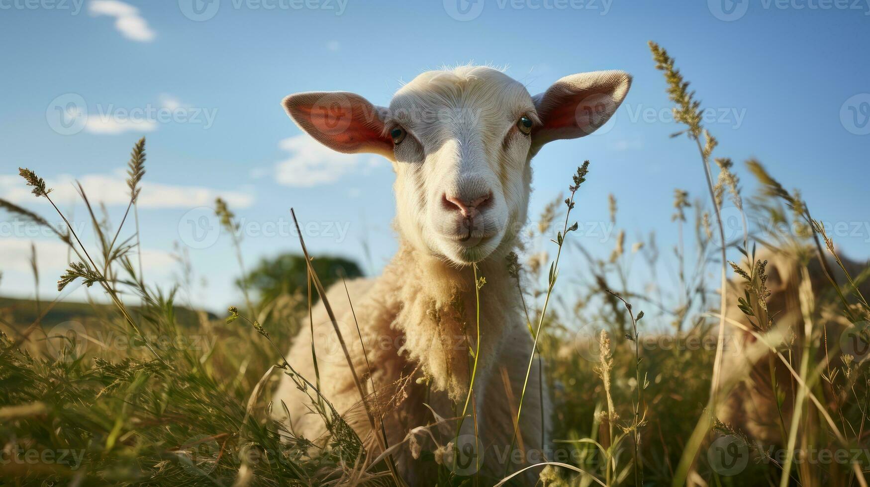 weiden teder knabbelaar. detailopname van begrazing schapen. generatief ai foto