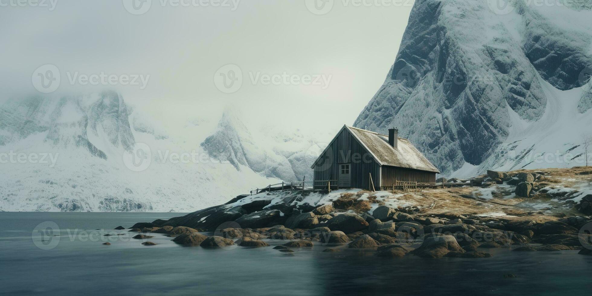 generatief ai, winter esthetisch landschap met huis panorama, gedempt neutrale kleuren, Woud en bergen.. foto