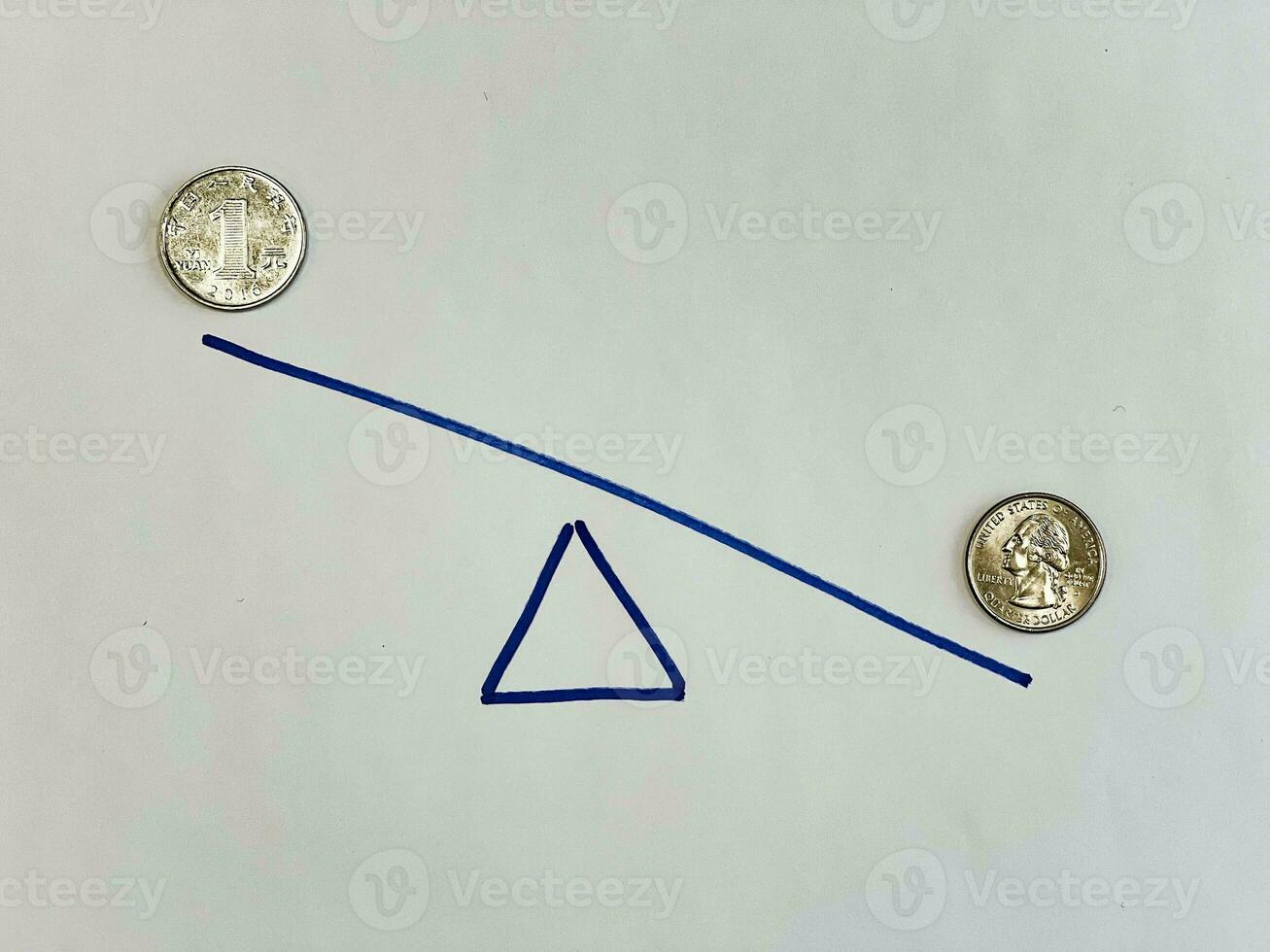 Chinese een yuan en ons kwartaal dollar munten Aan getrokken balans foto