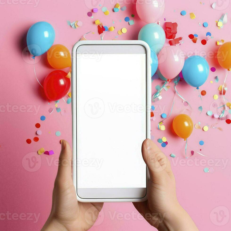 hand- Holding een smartphone met knippert confetti Aan achtergrond, in de stijl van kleurrijk texturen, speels gestroomlijnd vormen, feestelijk atmosfeer. ai generatief foto