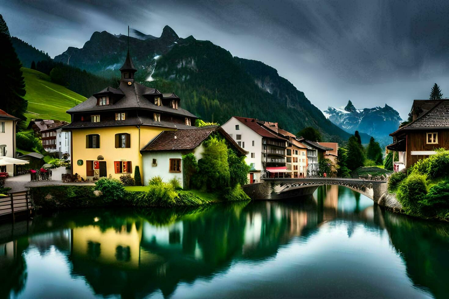 foto behang de lucht, bergen, rivier, huizen, Zwitserland, de Alpen, zw. ai-gegenereerd