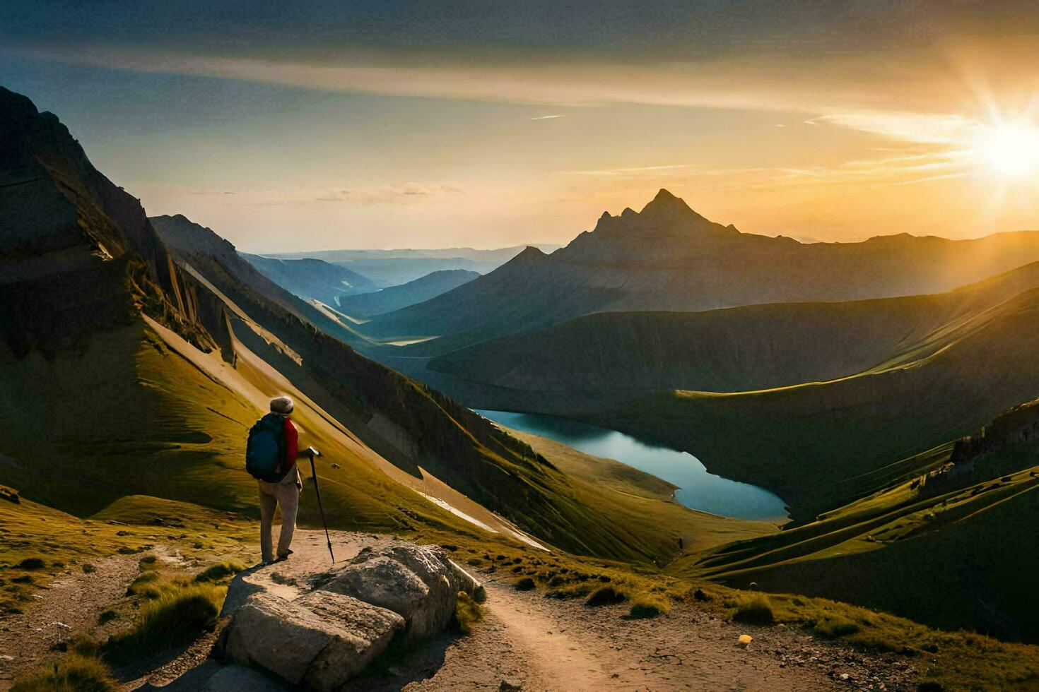 de Mens is staand Aan de rand van een berg Bij zonsondergang. ai-gegenereerd foto