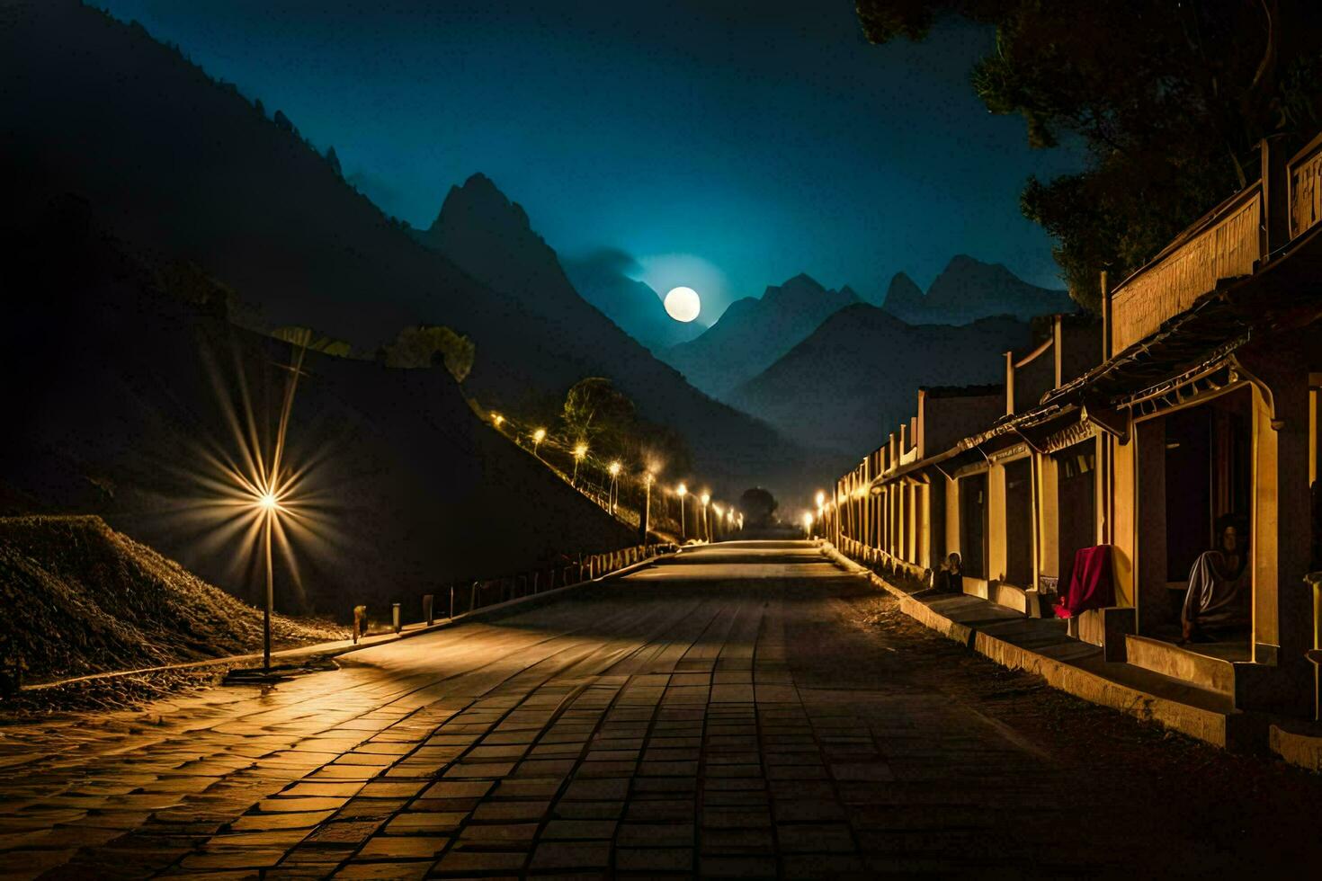 een straat Bij nacht met een vol maan in de lucht. ai-gegenereerd foto