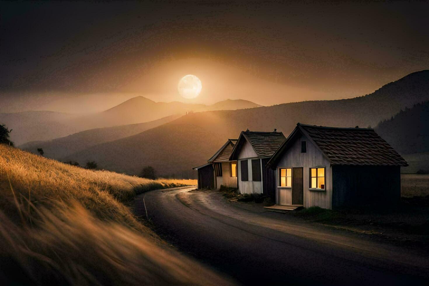 foto behang de lucht, de maan, de weg, de bergen, de weg, de huizen. ai-gegenereerd