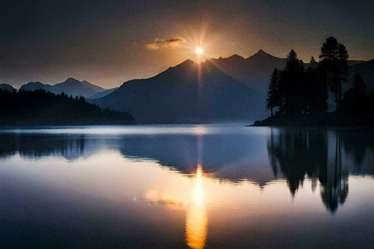 de zon stijgt over- een berg meer in de ochtend. ai-gegenereerd foto