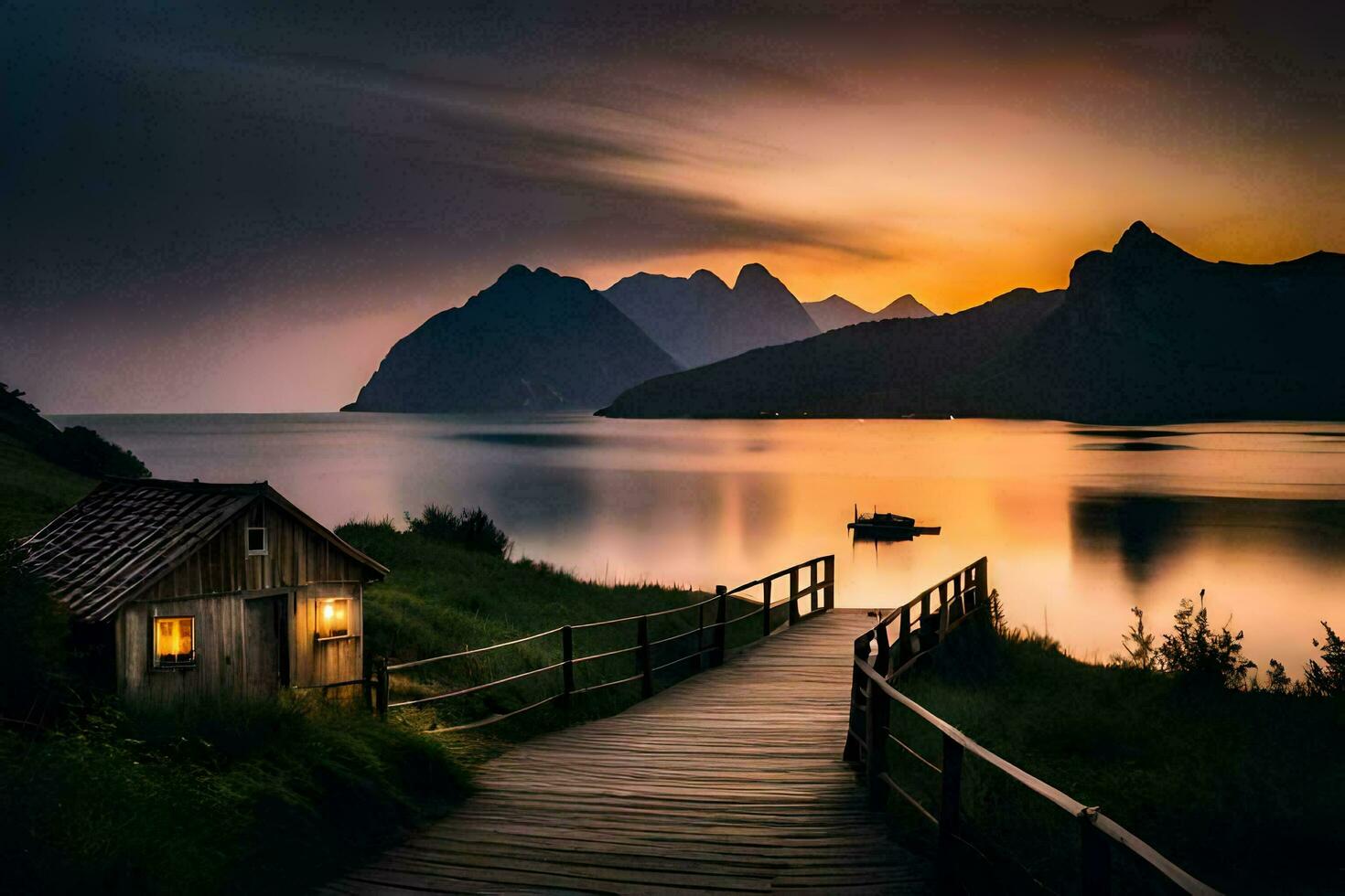 een houten pad Leidt naar een klein cabine Aan de kust van een meer. ai-gegenereerd foto