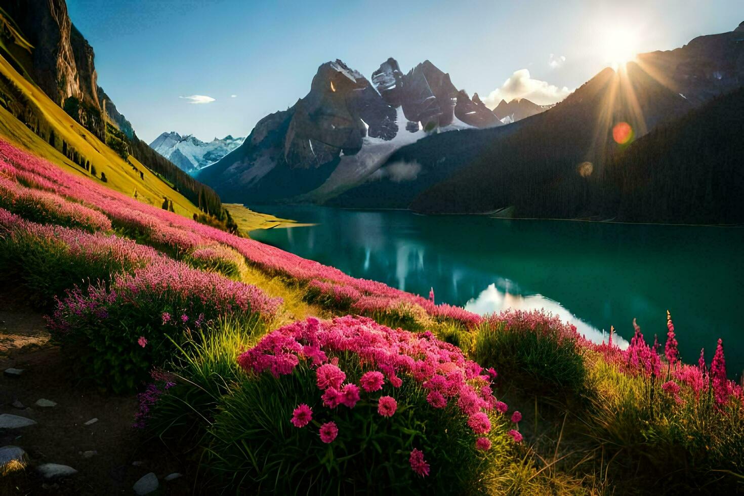 de zon schijnt Aan de bergen en bloemen in de voorgrond. ai-gegenereerd foto