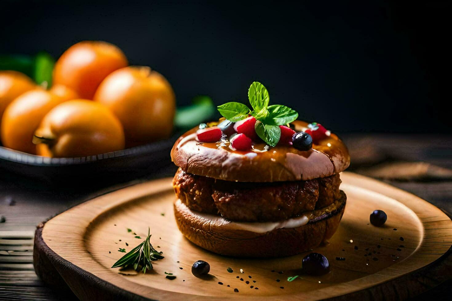 een Hamburger met fruit en specerijen Aan een houten bord. ai-gegenereerd foto