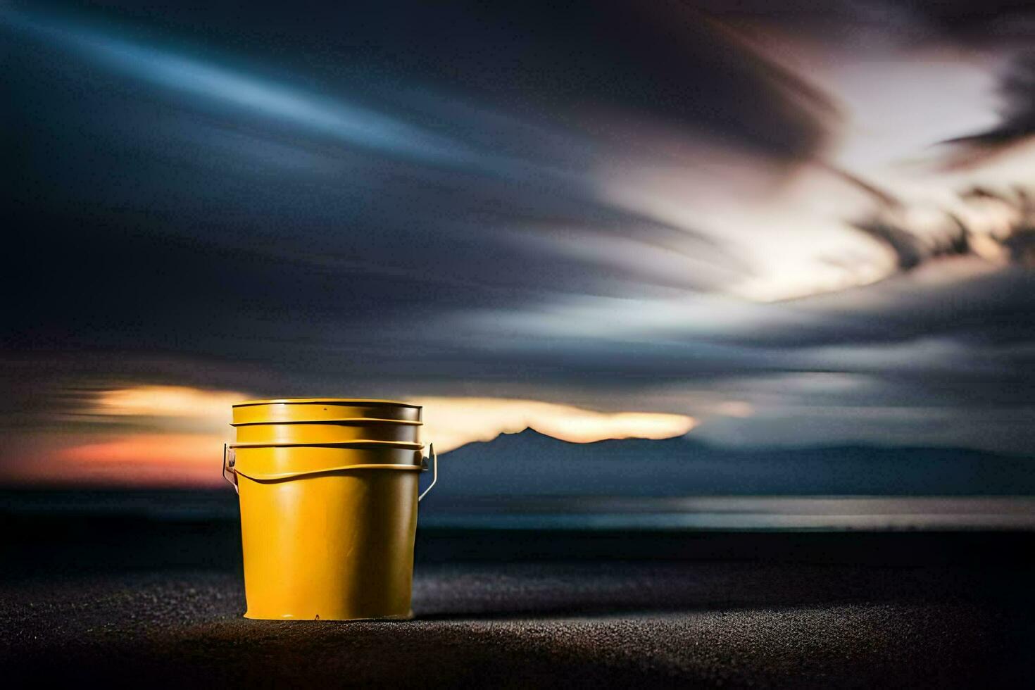 een geel emmer zit Aan de strand Bij zonsondergang. ai-gegenereerd foto