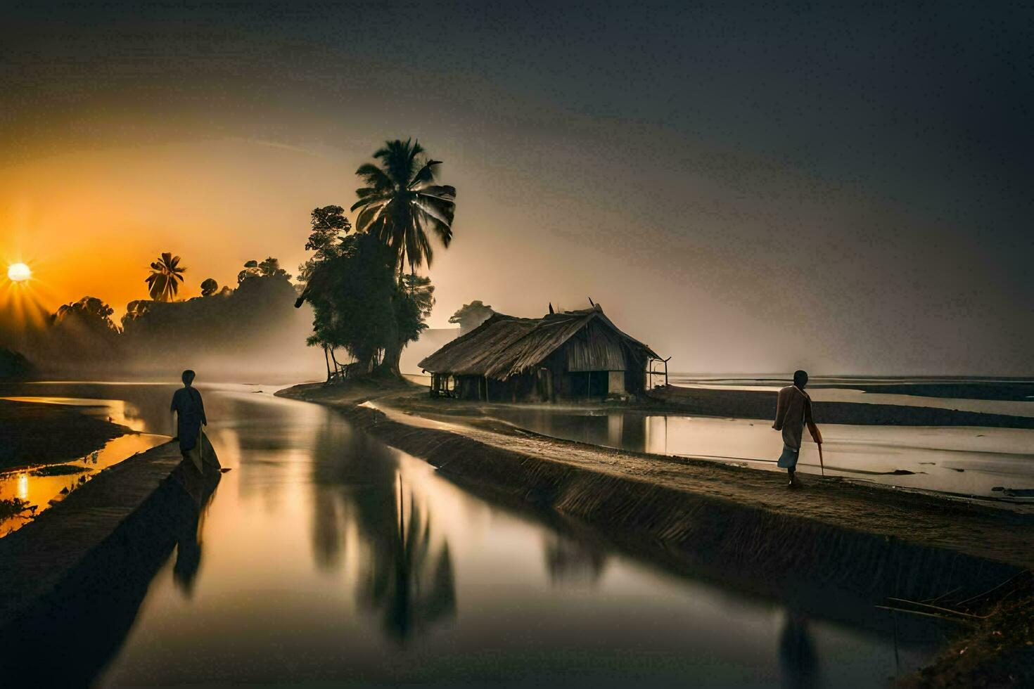 twee mensen wandelen langs een rivier- Bij zonsopkomst. ai-gegenereerd foto