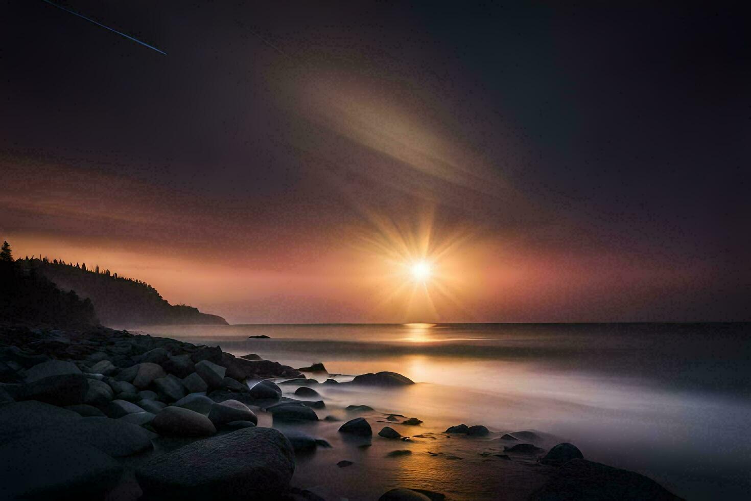 de zon stijgt over- de oceaan en rotsen. ai-gegenereerd foto