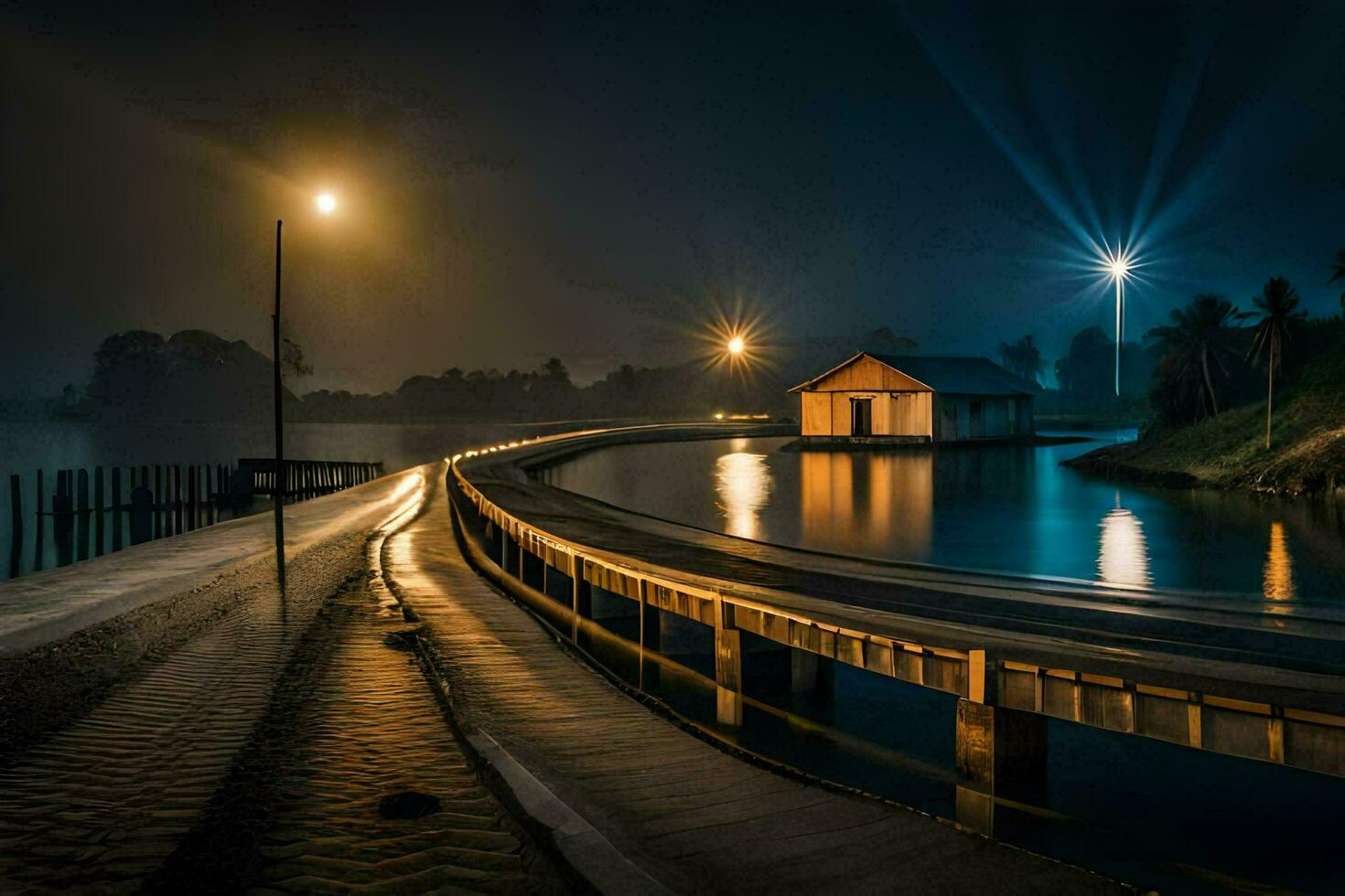 een lang pier met lichten Aan Bij nacht. ai-gegenereerd foto