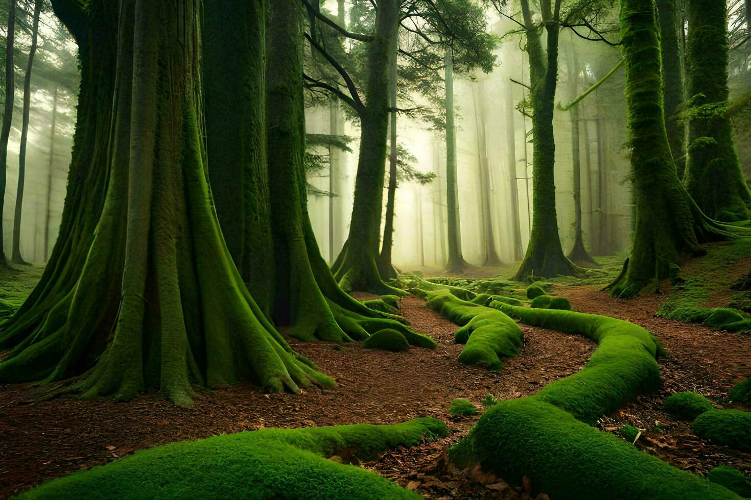 een Woud met bemost bomen en groen mos. ai-gegenereerd foto
