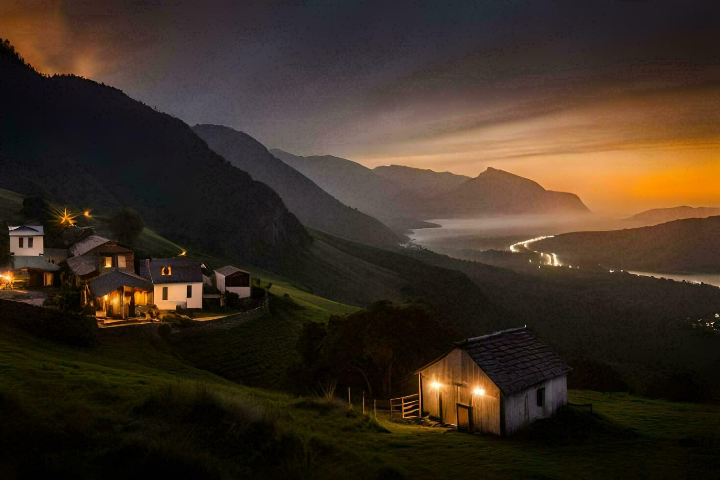 een klein dorp Aan een heuvel Bij zonsondergang. ai-gegenereerd foto