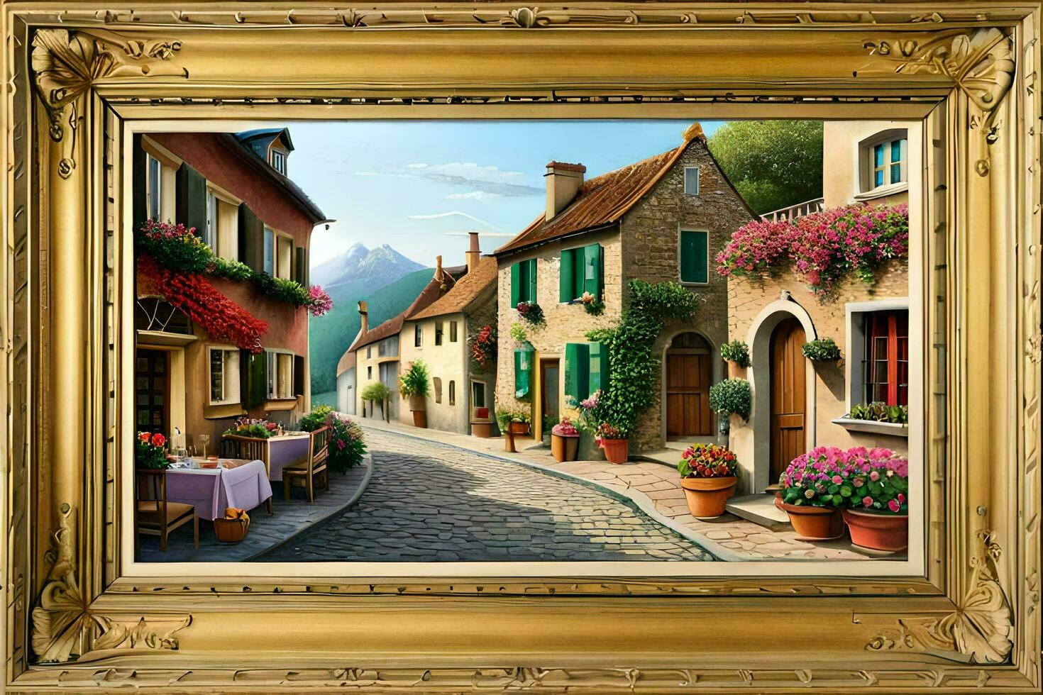 een schilderij van een straat in een dorp met bloemen en planten. ai-gegenereerd foto