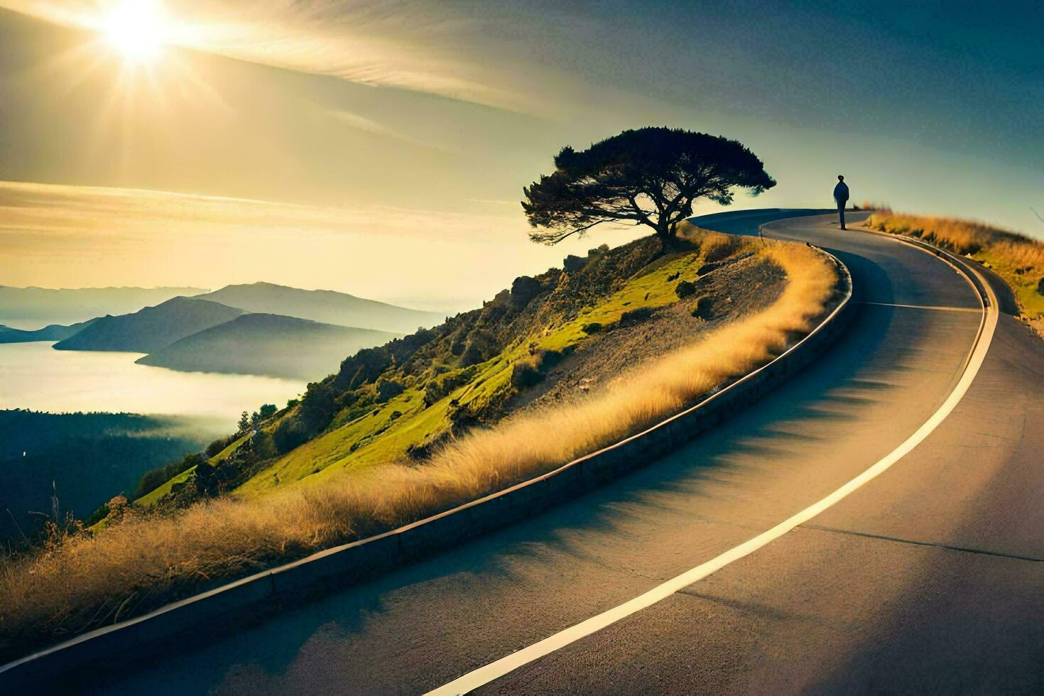 een Mens is wandelen naar beneden de weg Aan een berg. ai-gegenereerd foto