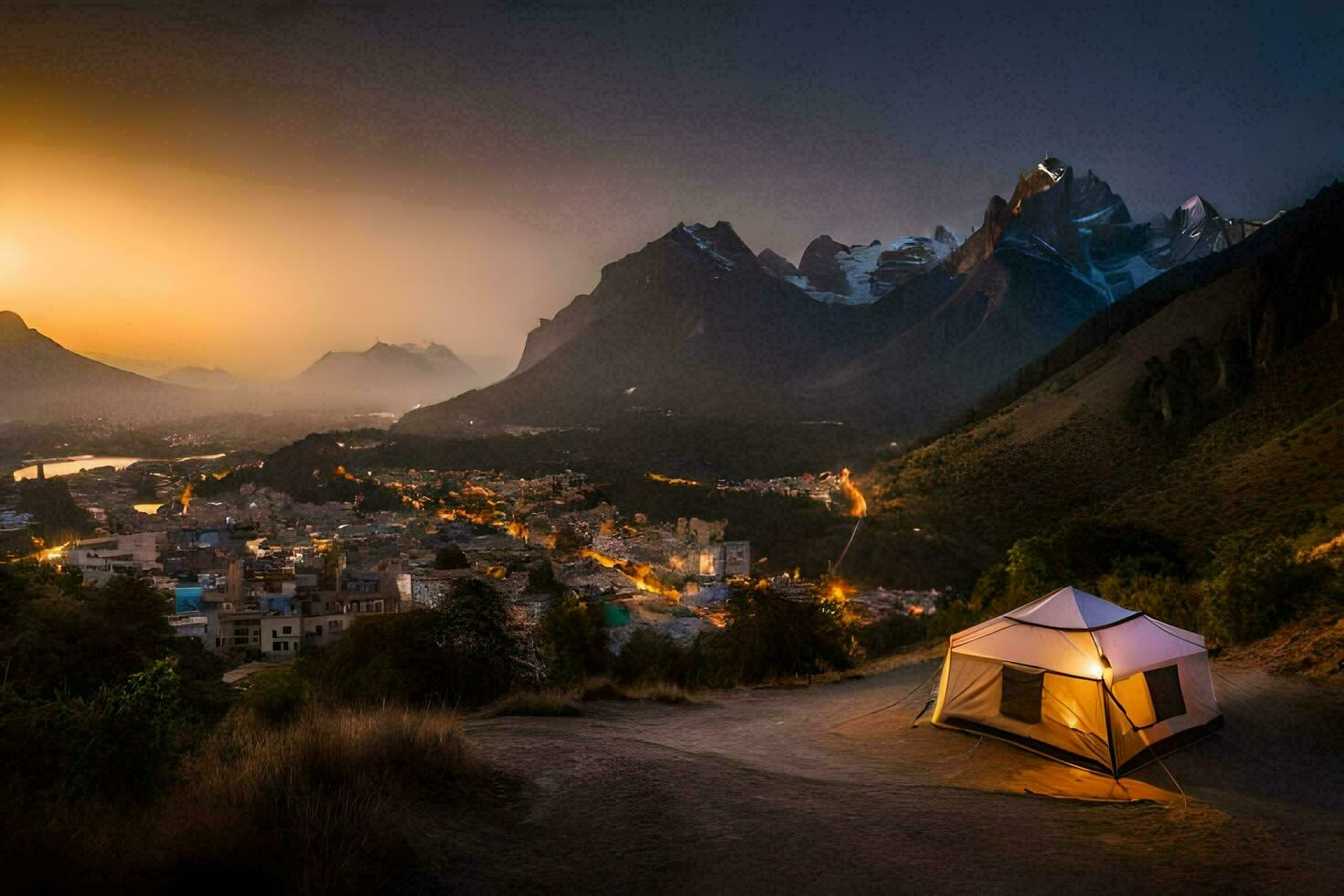 een tent in de bergen Bij zonsondergang. ai-gegenereerd foto
