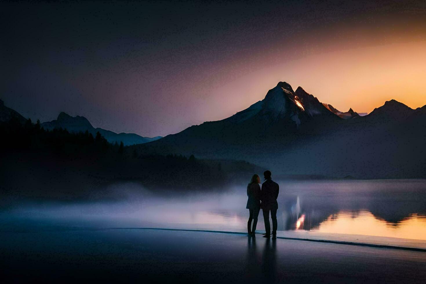 een paar staand Aan de kust van een meer Bij zonsondergang. ai-gegenereerd foto