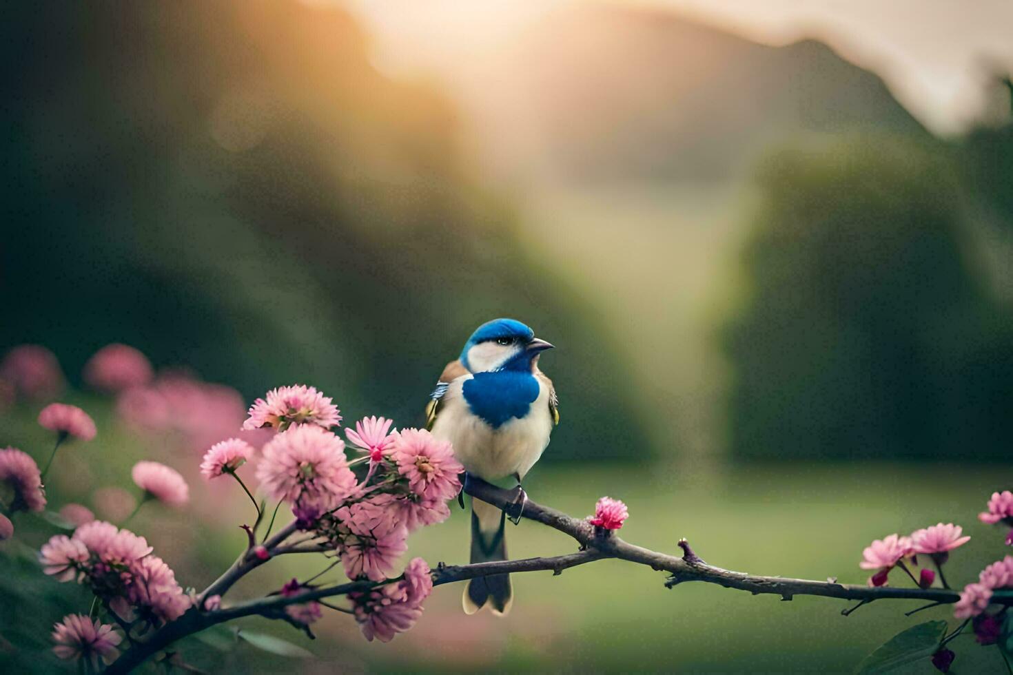 een blauw en wit vogel zit Aan een Afdeling met roze bloemen. ai-gegenereerd foto