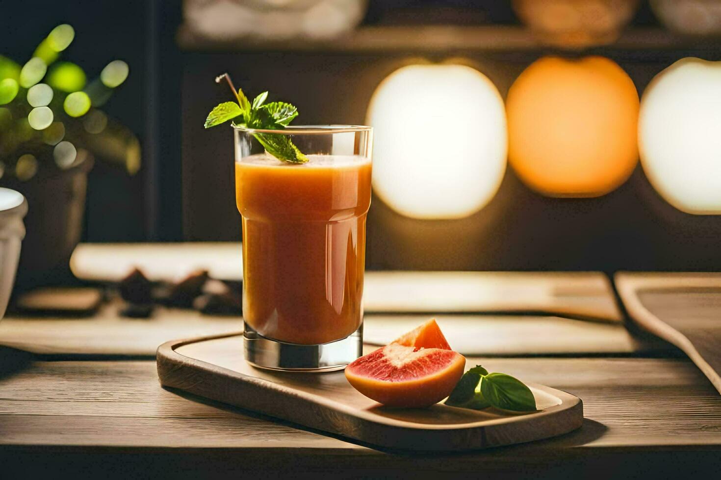een glas van oranje sap Aan een houten tafel. ai-gegenereerd foto