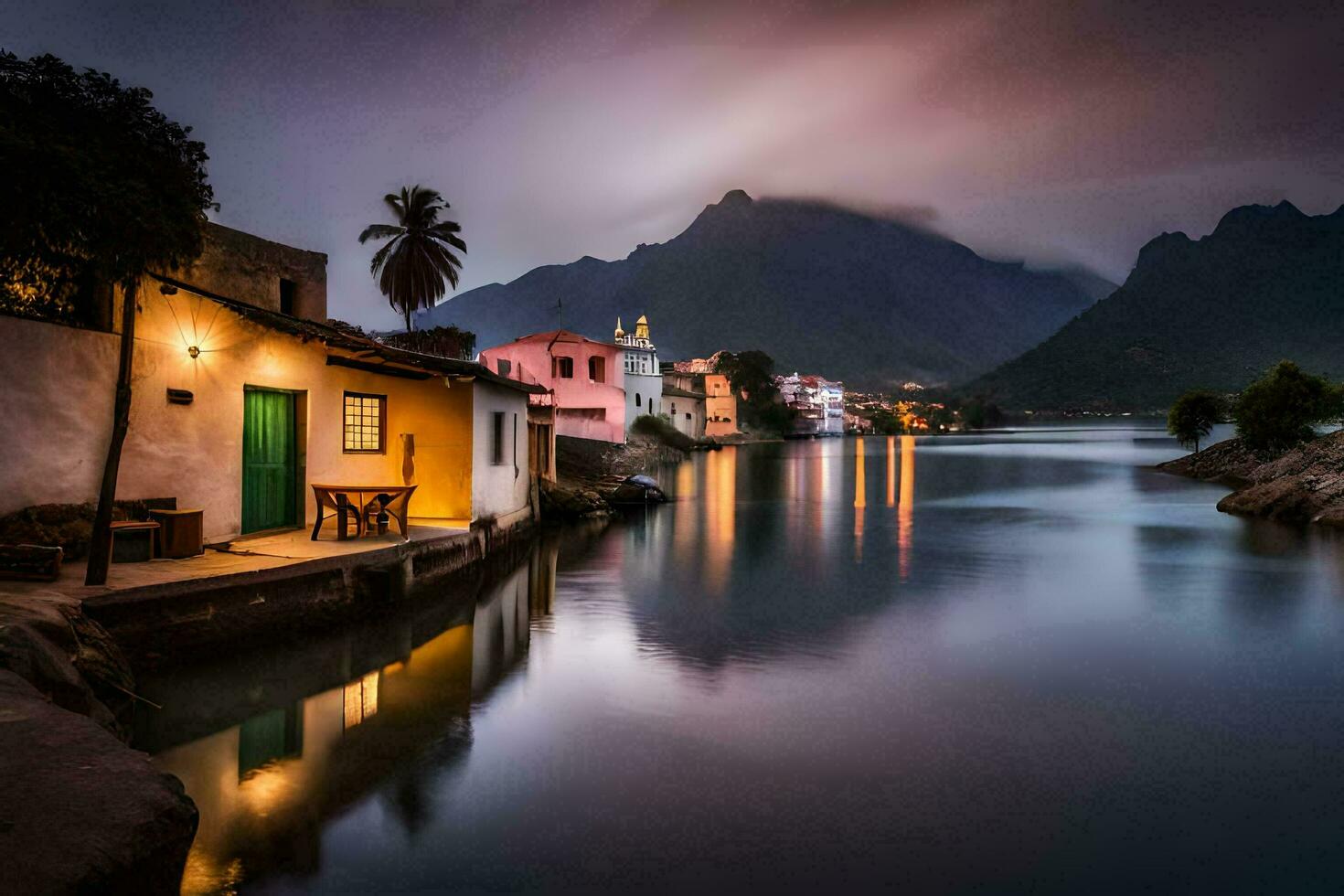 een klein stad- Aan de water met bergen in de achtergrond. ai-gegenereerd foto