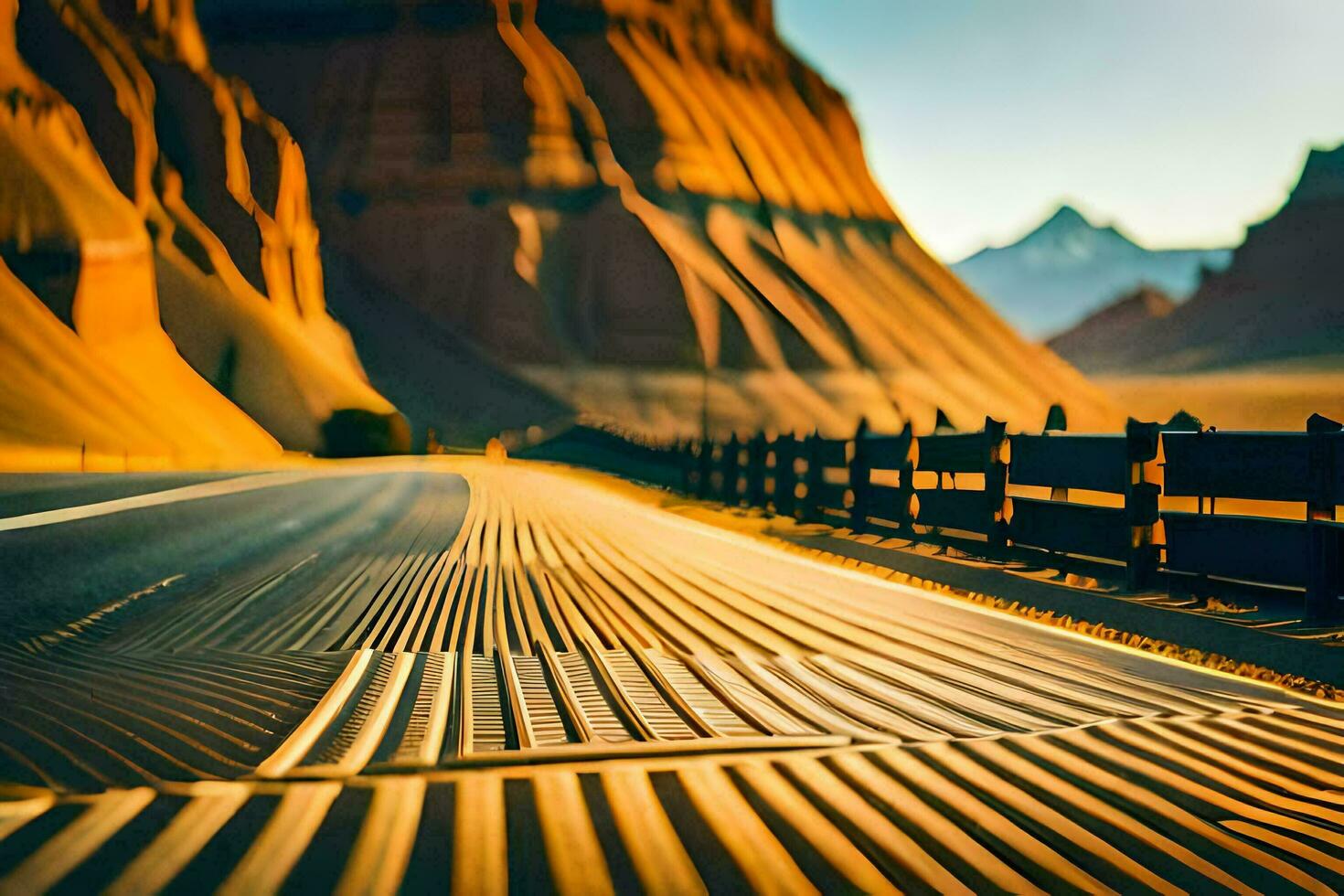 een weg met een hek en bergen in de achtergrond. ai-gegenereerd foto