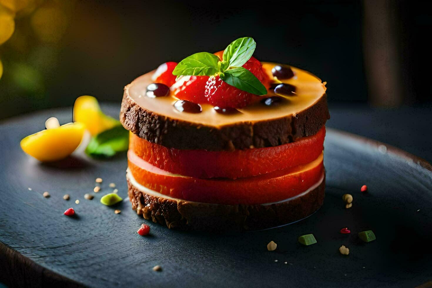 een taart met aardbeien en chocola Aan top. ai-gegenereerd foto