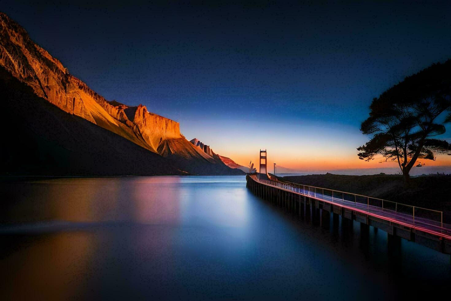 de gouden poort brug Bij zonsondergang. ai-gegenereerd foto