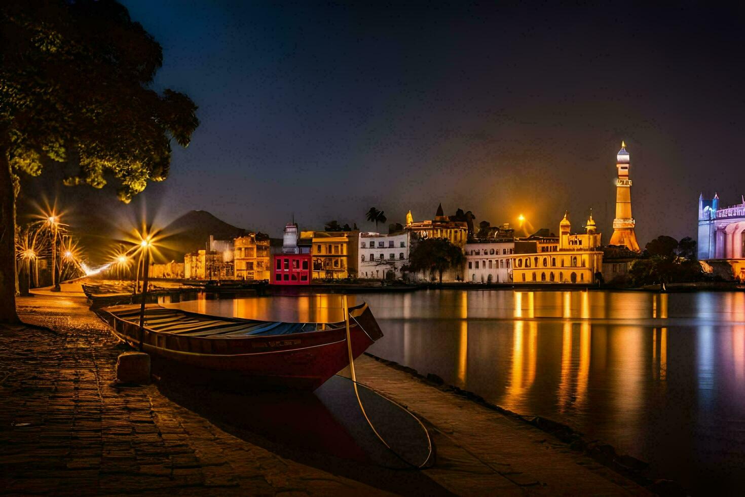 een boot zit Aan de water De volgende naar een stad Bij nacht. ai-gegenereerd foto