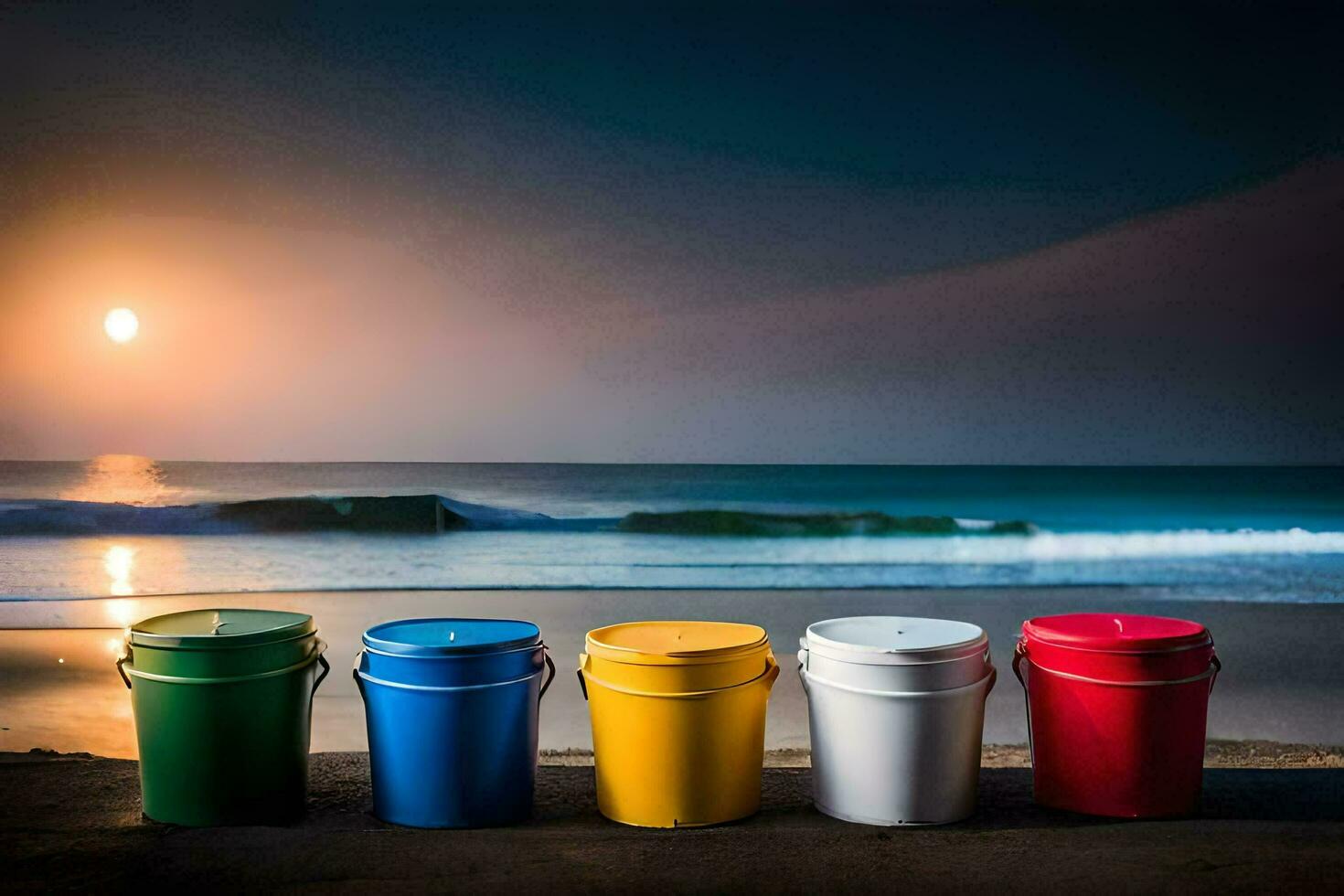 vijf kleurrijk emmers Aan de strand Bij zonsondergang. ai-gegenereerd foto