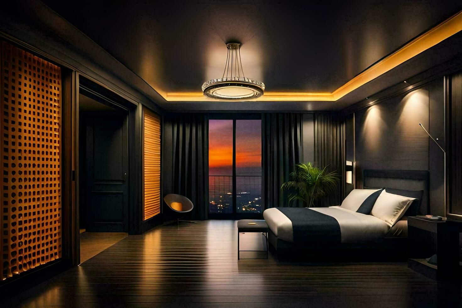 een modern slaapkamer met een visie van de stad. ai-gegenereerd foto