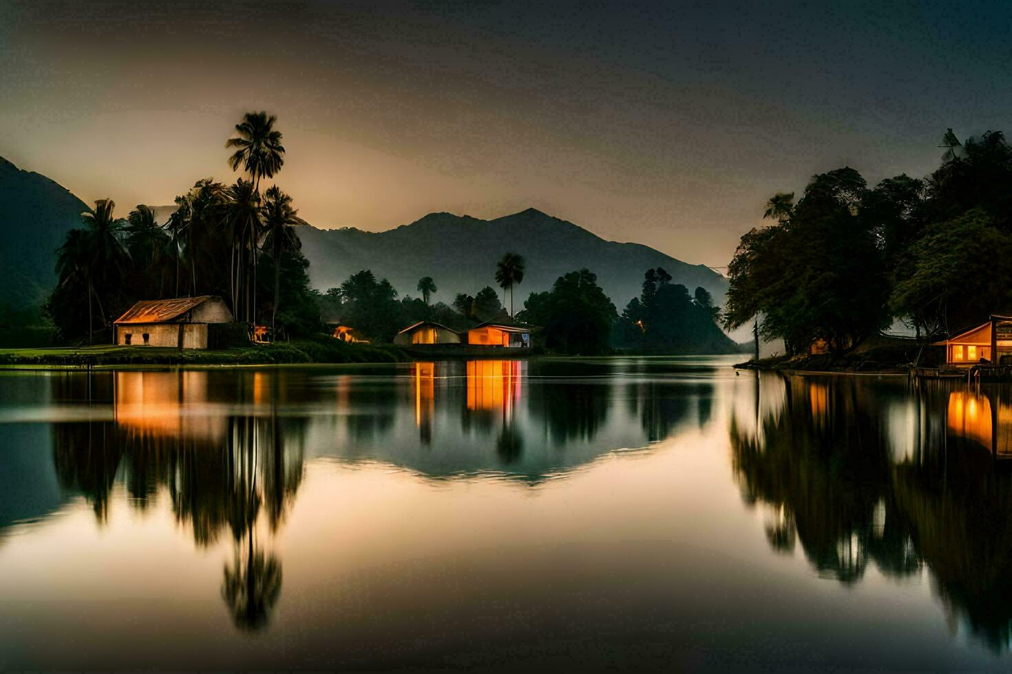 een meer met huizen en palm bomen Bij zonsondergang. ai-gegenereerd foto