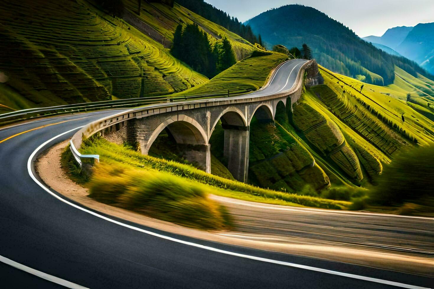 een weg met een brug en bergen in de achtergrond. ai-gegenereerd foto