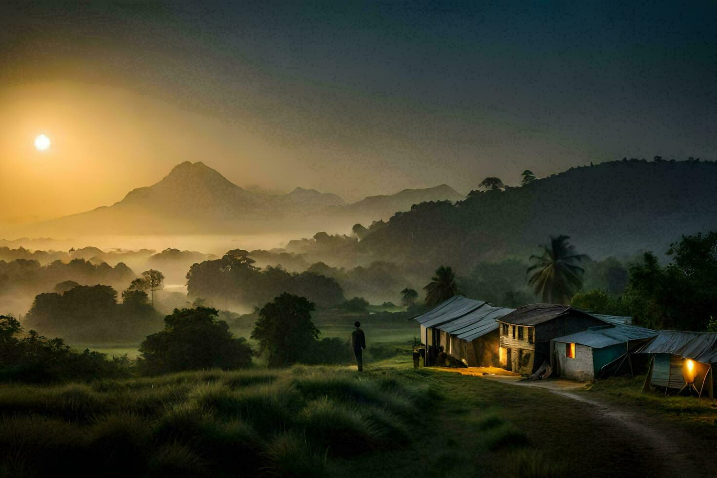 een Mens wandelingen naar beneden een pad in voorkant van een hut in de bergen. ai-gegenereerd foto