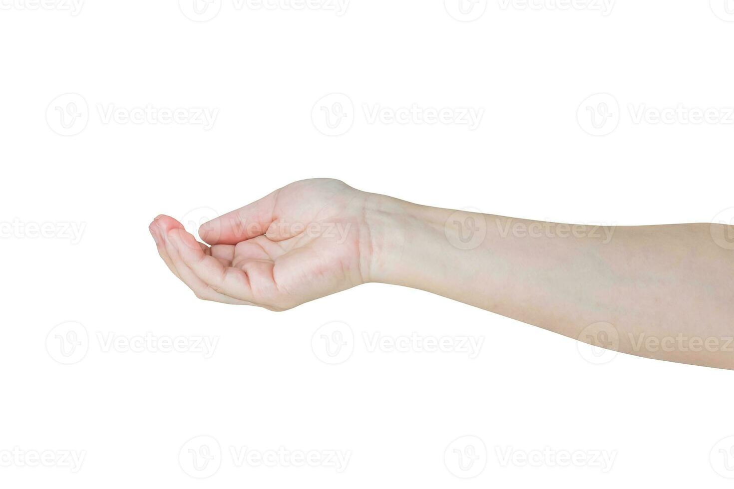 vrouw hand- gebaar Holding iets geïsoleerd Aan wit achtergrond foto