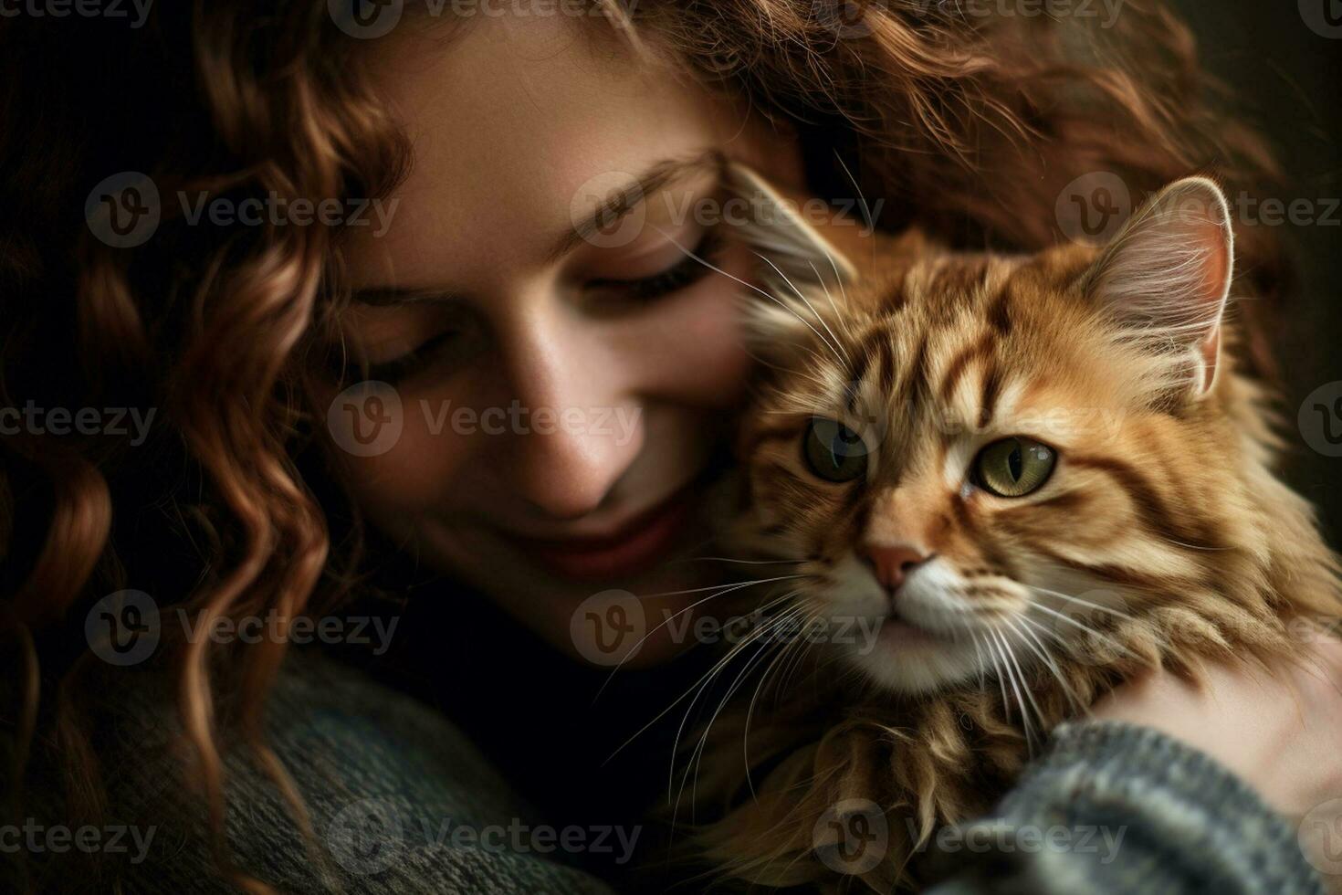dichtbij omhoog van een vrouw knuffelen haar kat bokeh stijl achtergrond met generatief ai foto