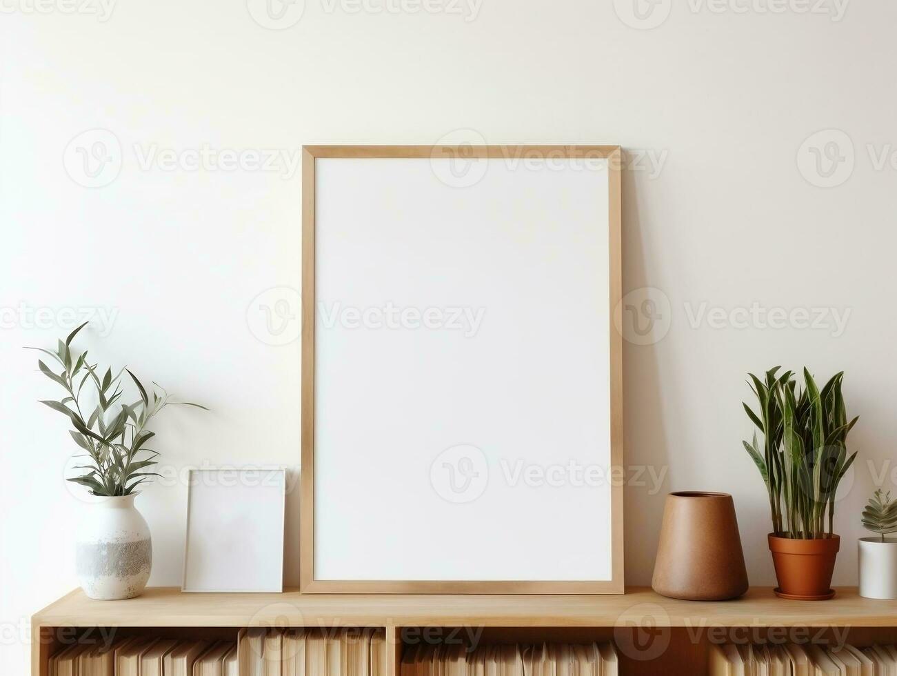 leeg bespotten omhoog poster kader Aan houten plank wit muur interieur ontwerp ai generatief foto