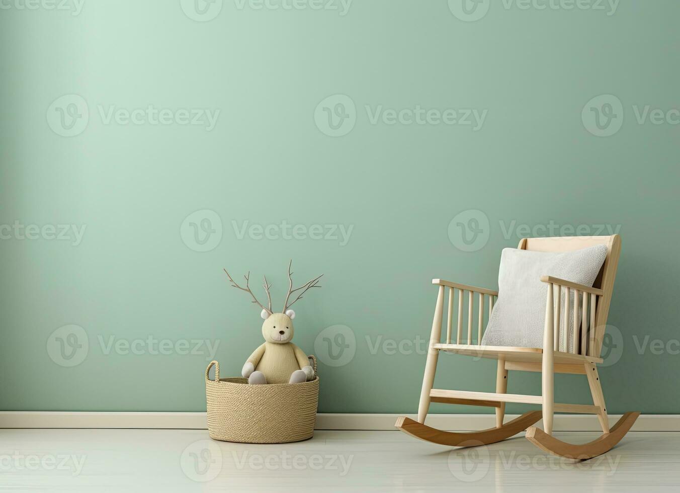 minimalistische pastel groen kind kamer met een houten schommelen stoel. ai gegenereerd foto