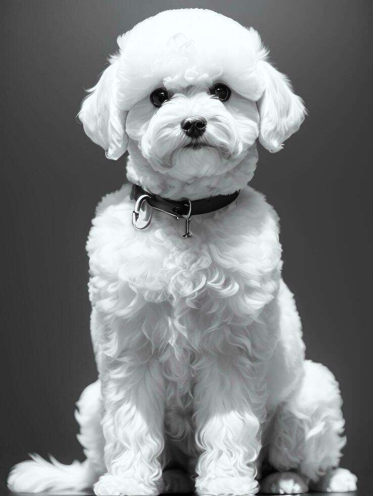 gelukkig hond bichon frise zwart en wit monochroom foto in studio verlichting