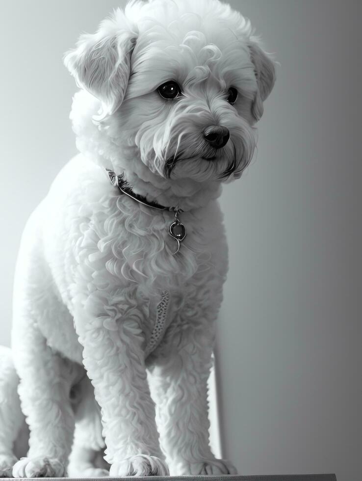 gelukkig hond bichon frise zwart en wit monochroom foto in studio verlichting