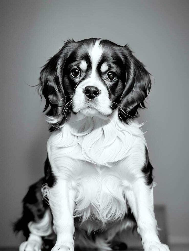 gelukkig cavalier koning Charles spaniel hond zwart en wit monochroom foto in studio verlichting