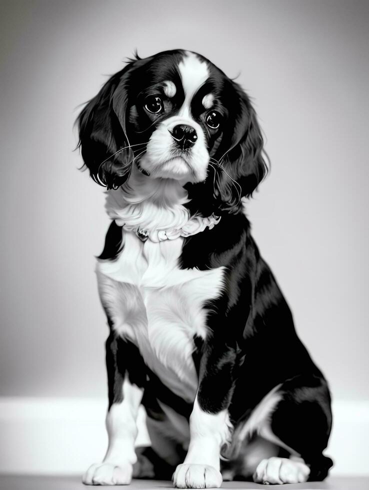 gelukkig cavalier koning Charles spaniel hond zwart en wit monochroom foto in studio verlichting